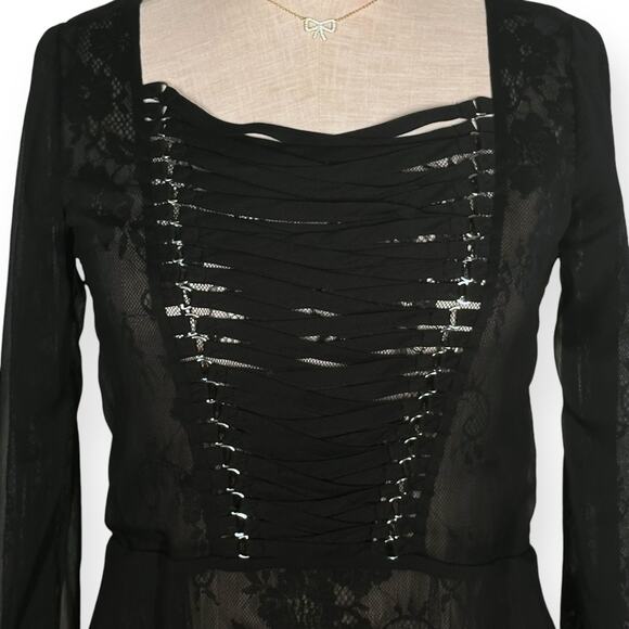 THE KOOPLES Sheer Lace Top Corset Ribbon Blouse Peplum Black Dark Romance Sexy - Picture 3 of 13